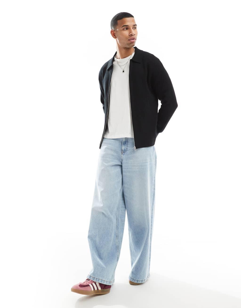 Jack & Jones zip Cardigan with collar in black Product Image
