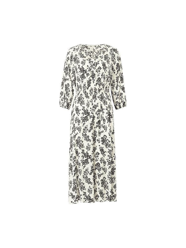 Camellia Print Gathered Waist Women Midi Dress Product Image