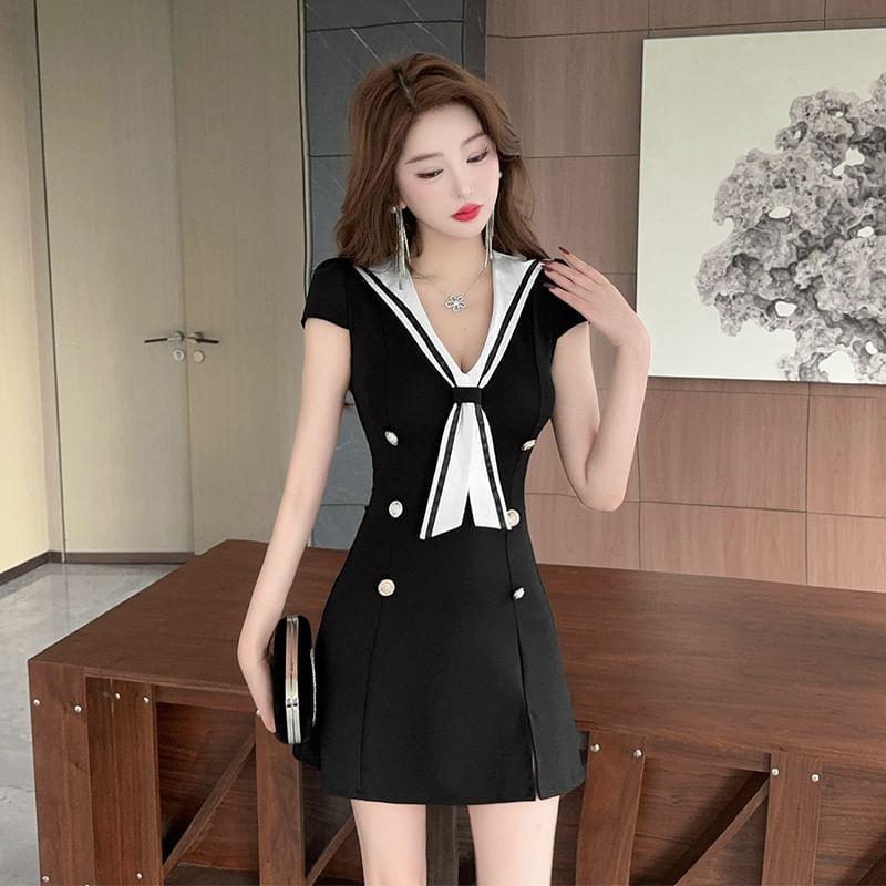 Short Sleeve V-Neck Striped Button Mini A-Line Dress Product Image