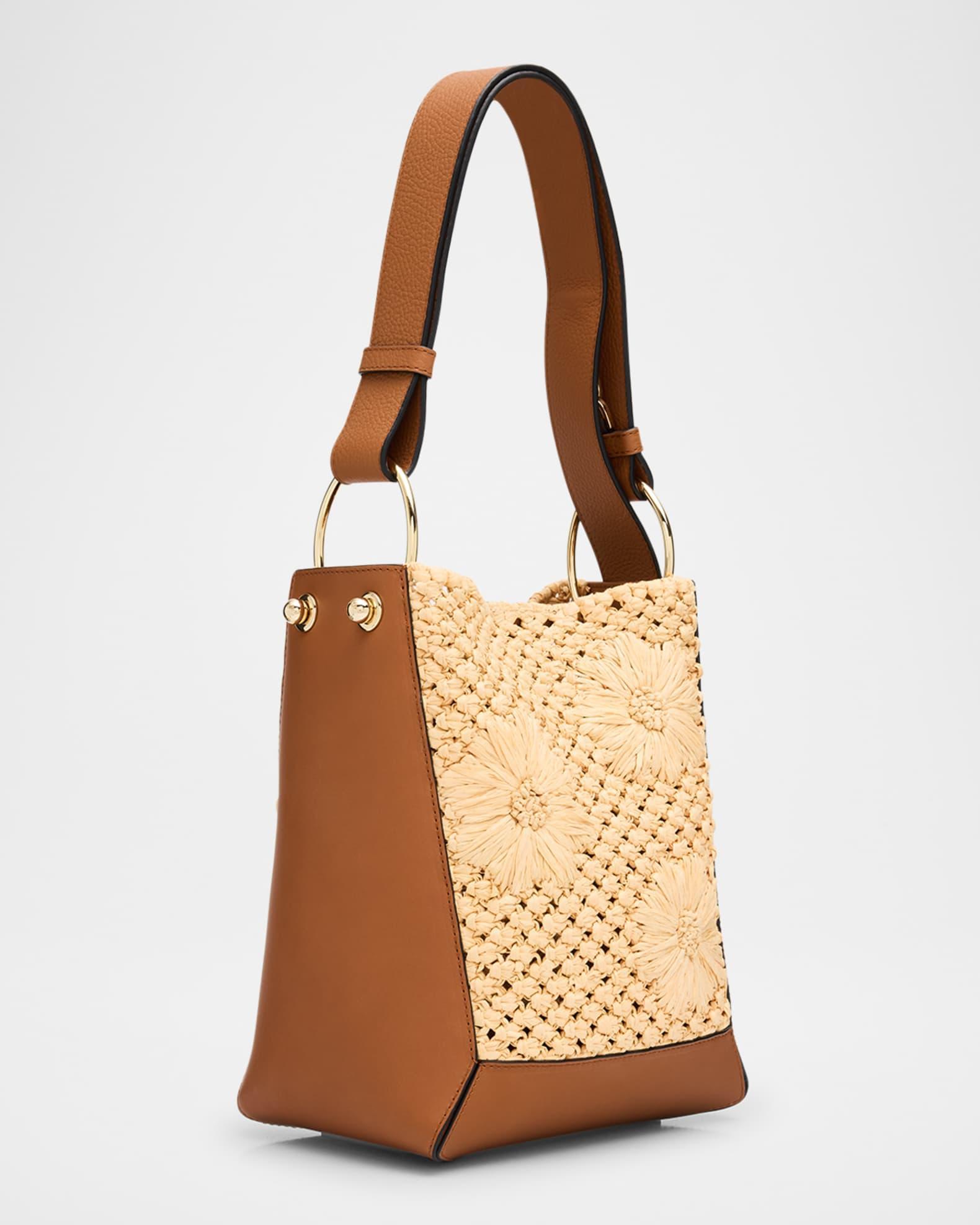 Lana Leather & Floral Raffia Midi Bucket Bag Product Image
