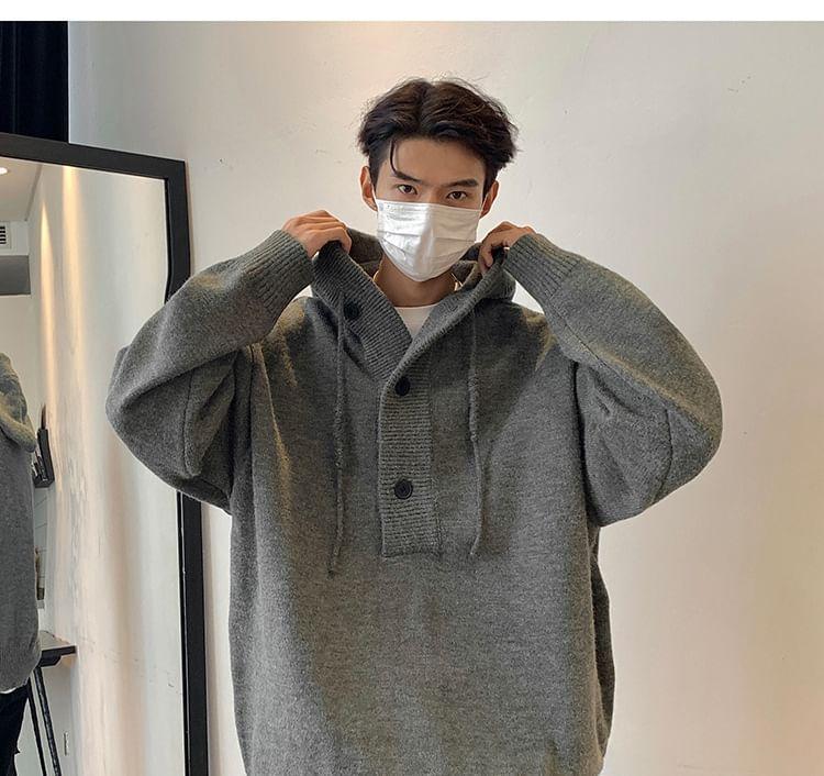 Henley Plain Hooded Sweater Product Image