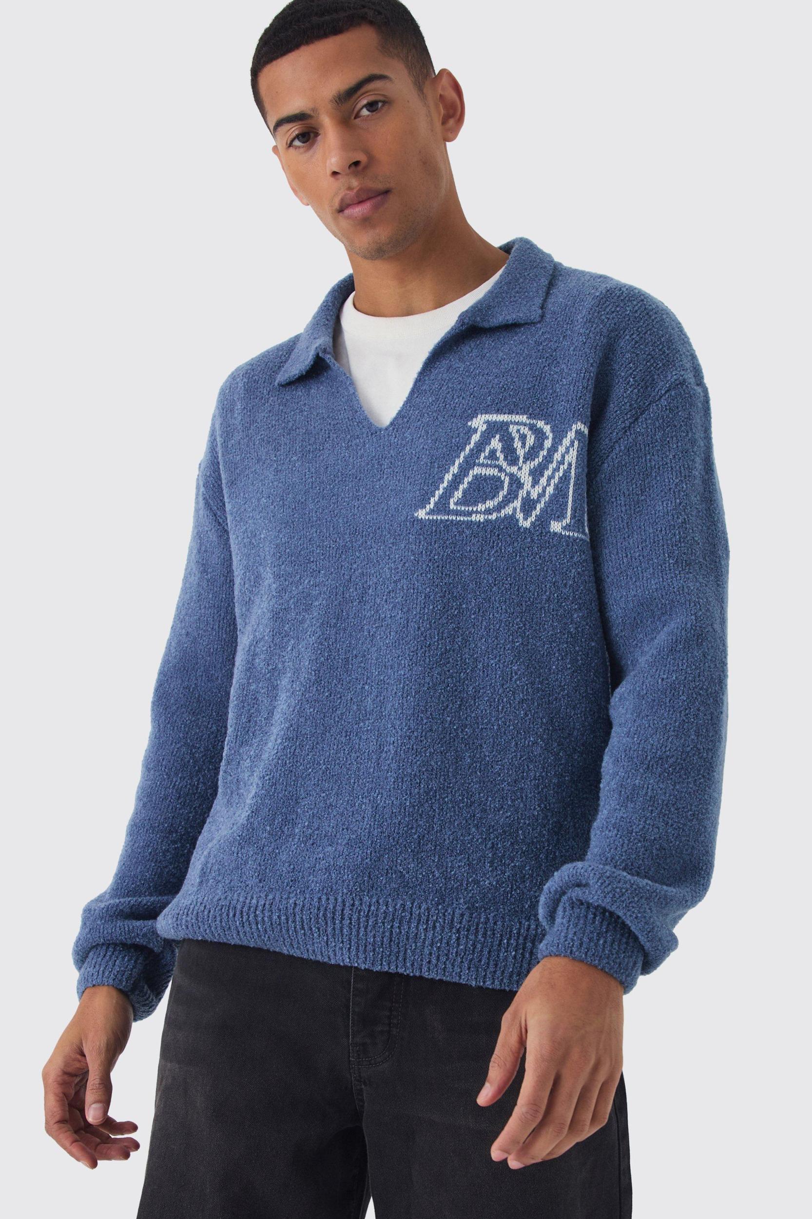 Oversized BM Boucle Knitted Polo Sweater | boohooMAN USA Product Image
