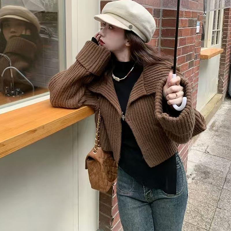 Plain Ribbed Zip Cardigan Product Image