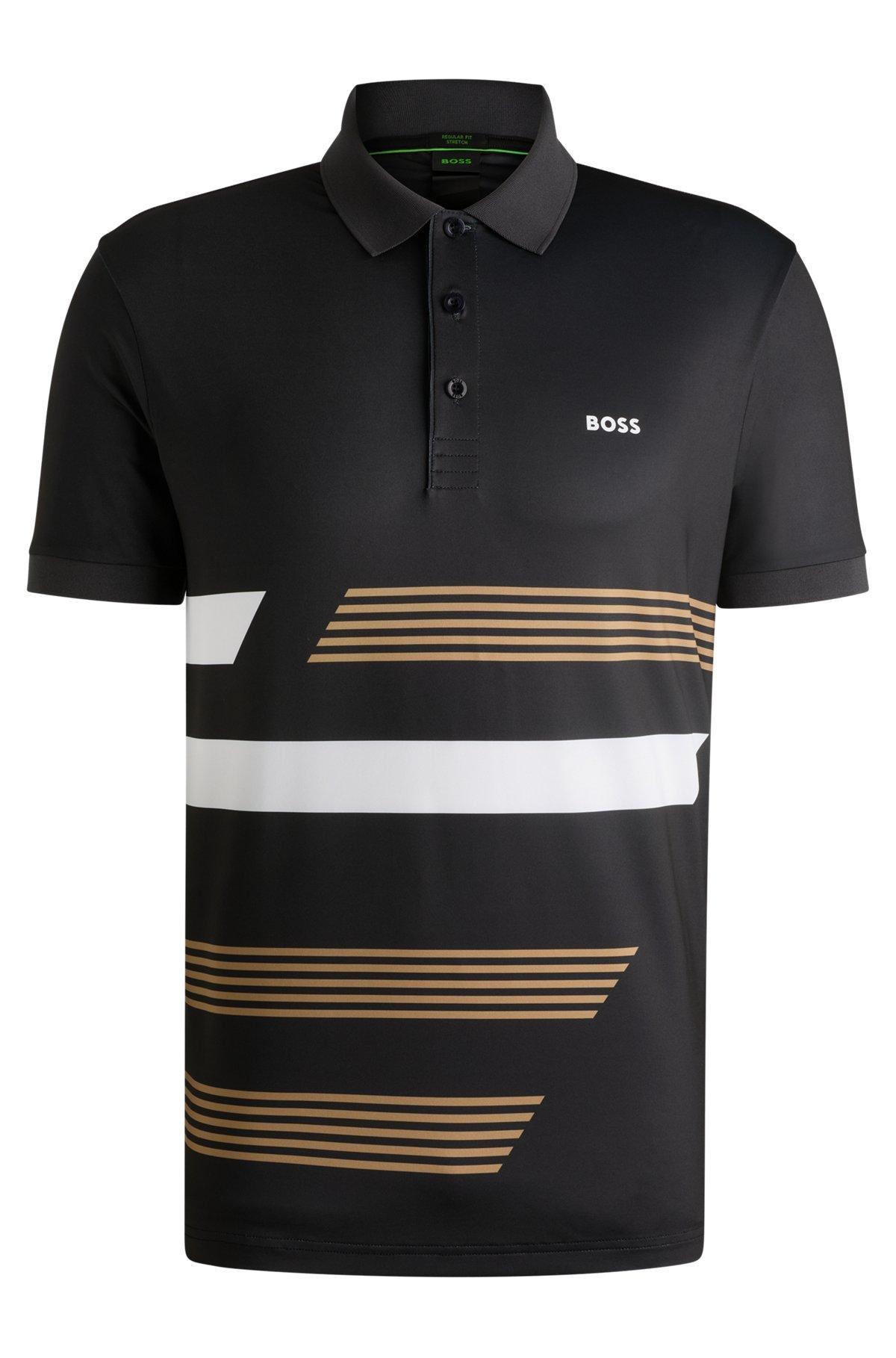 BOSS - Paddy stretch-jersey polo shirt with stripe print - Black Product Image