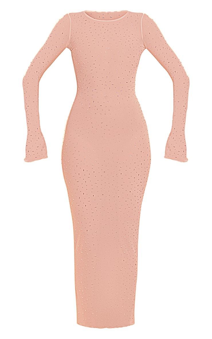 Nude Sheer Diamante Mesh Long Sleeve Maxi Dress Product Image