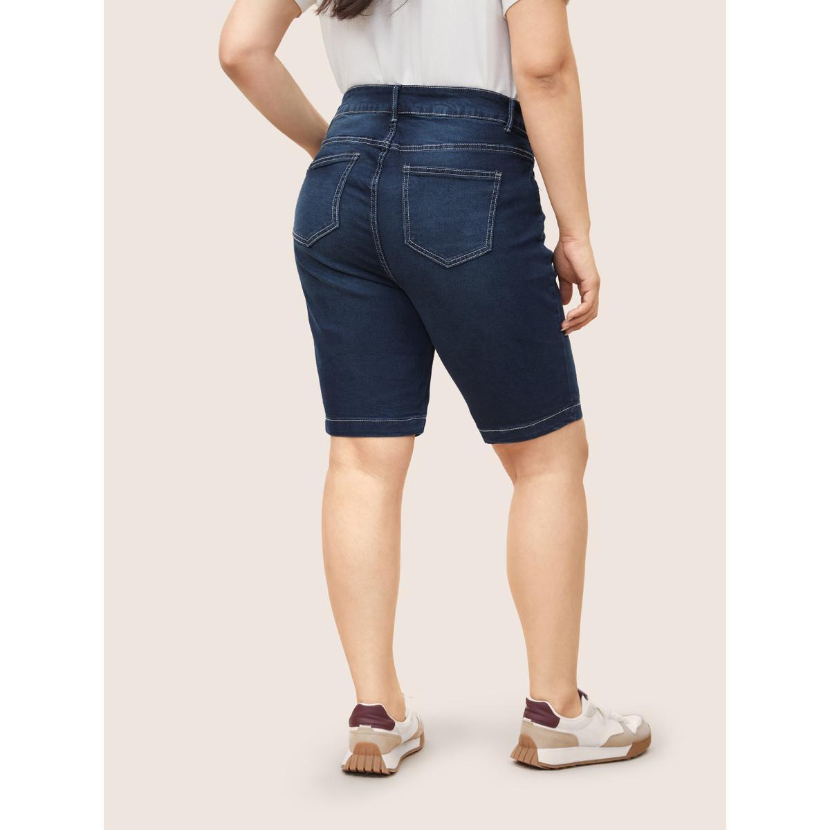 Plus Size Very Stretchy High Rise Dark Wash Denim Shorts Women DarkBlue Casual Plain High stretch Slanted pocket Jeans BloomChic 24/3X Product Image