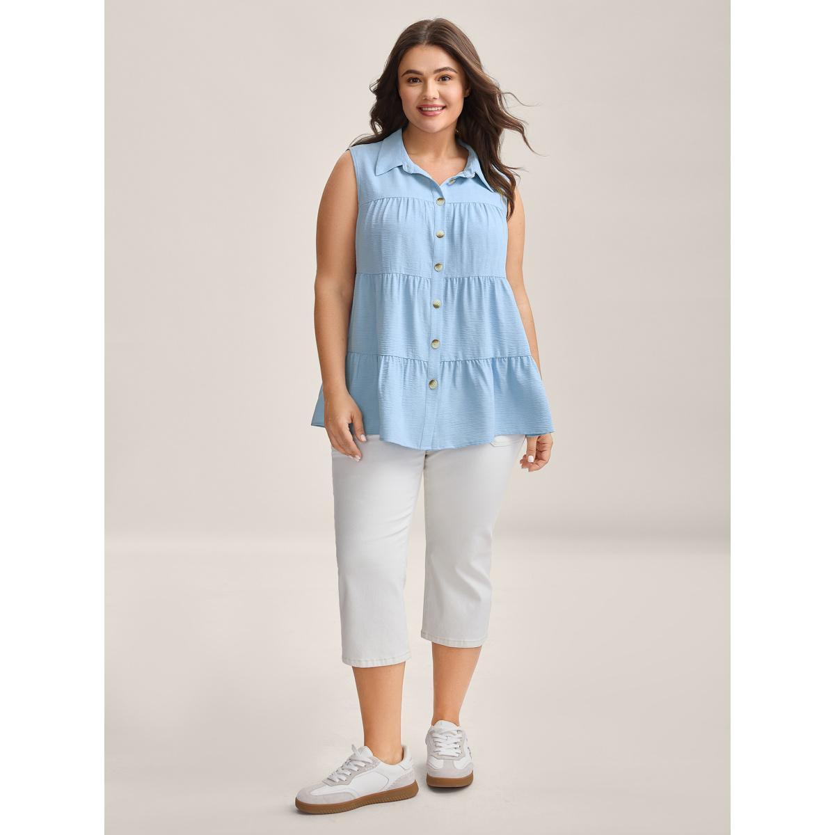Plus Size Textured Button Placket Tiered Tank Top Women LightBlue Texture Shirt collar Everyday-Casual Tank Tops Camis BloomChic 14-16/1X Product Image