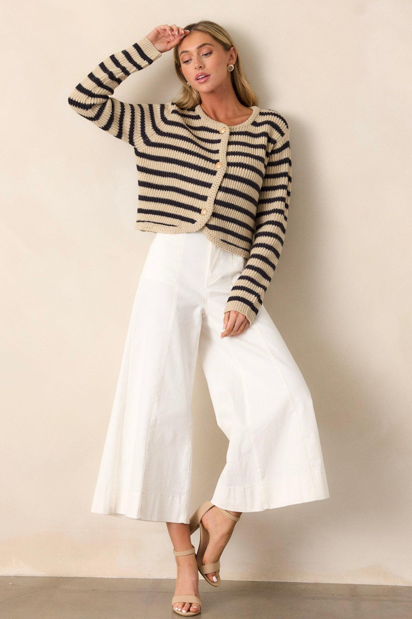 Passing Glances Tan Stripe Button Front Cardigan Product Image
