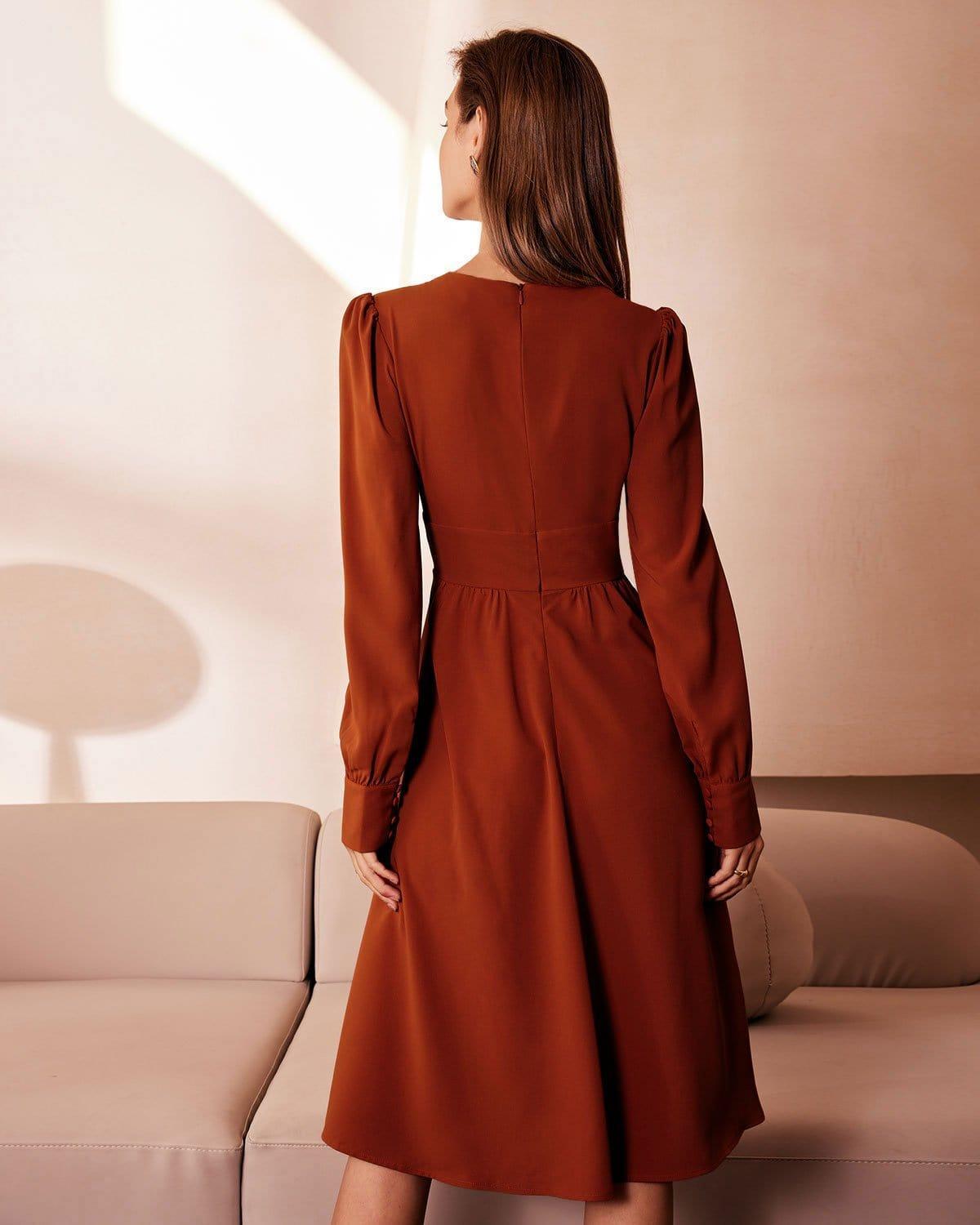The Orange V Neck Pleated Button Midi Dress Product Image