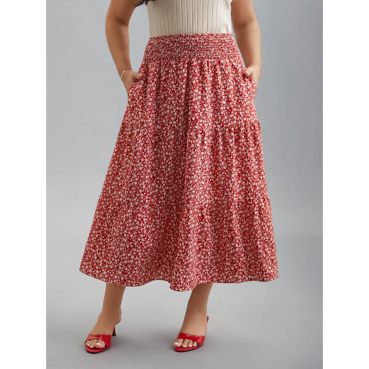 Plus Size Romantic Floral Waist Shirred Midi Skirt Women Crimson Elegant Shirred No stretch Side seam pocket Everyday Skirts BloomChic 28/5X Product Image