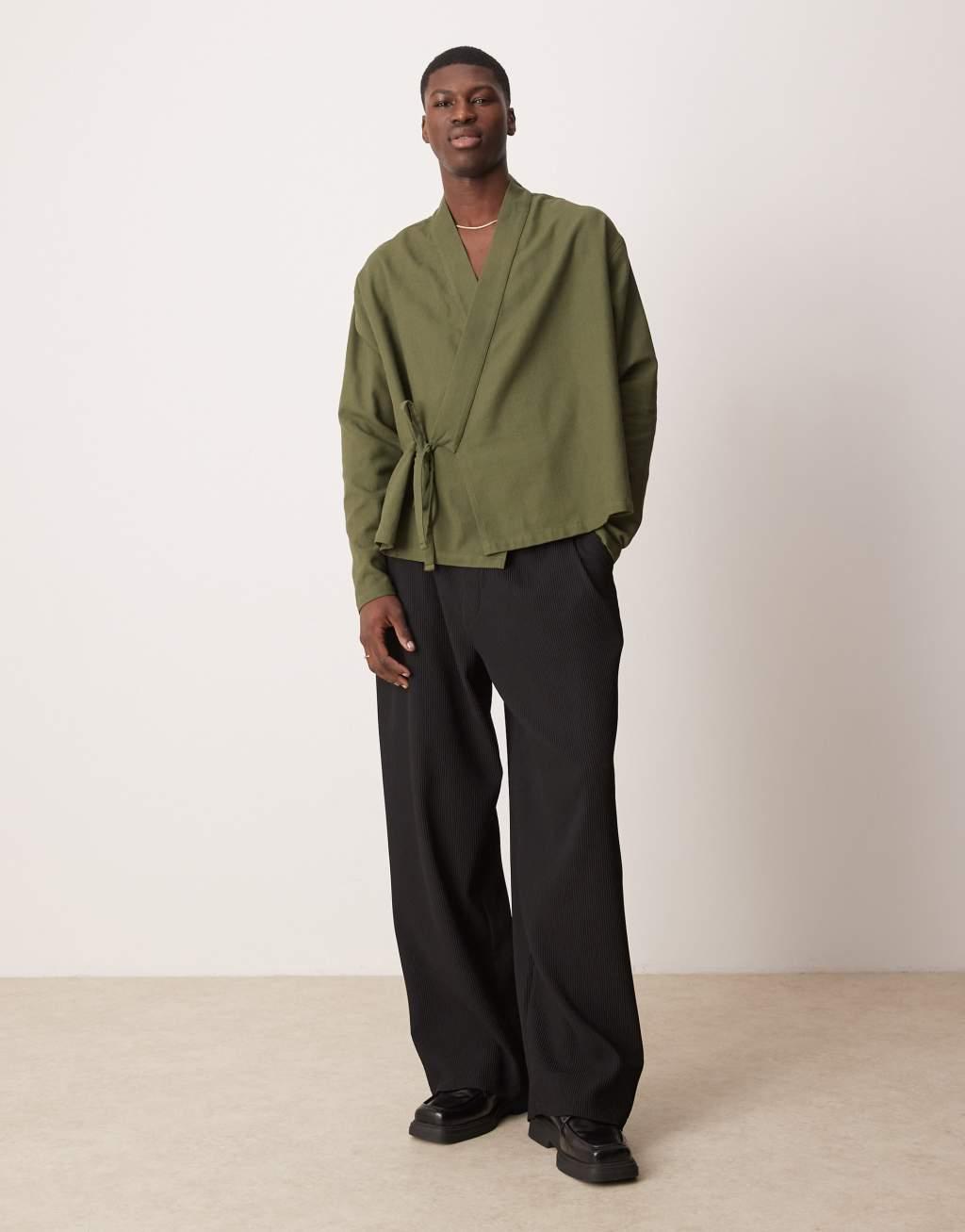 ASOS DESIGN oversized wrap front shirt in olive Product Image