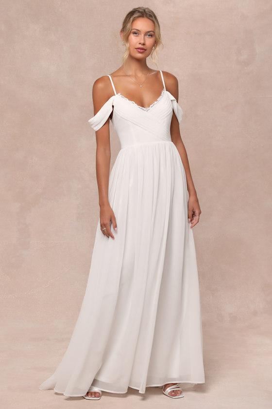 Marcelyn White Pleated Cold-Shoulder Maxi Dress Product Image