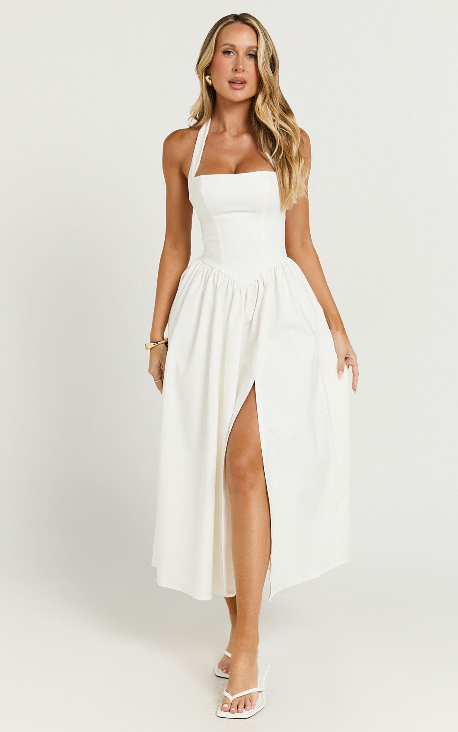 Helda Midi Dress - Halter Tie Neck Corset Panel Dress in Off White Product Image