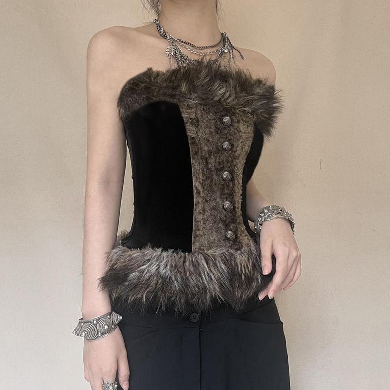 Faux Fur Trim Color-Block Tube Top Product Image