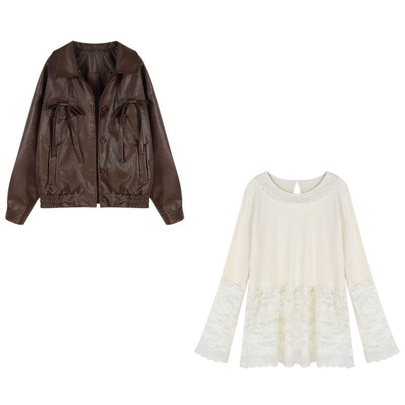 Long Sleeve Faux Leather Bow Accent Loose-Fit Jacket / Long Sleeve Plain Lace Panel Top Product Image