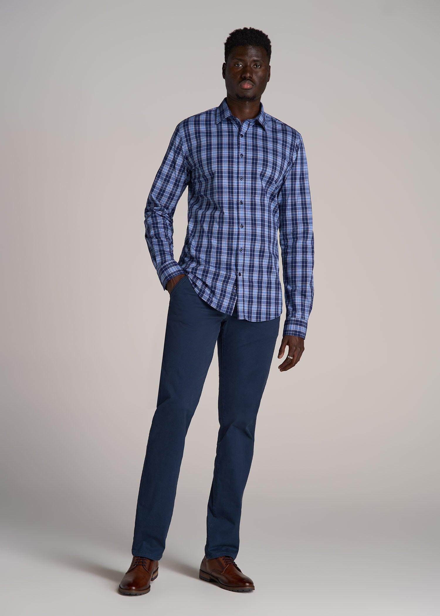 Oskar Button-Up Dress Shirt for Tall Men in Navy Blue Plaid Product Image