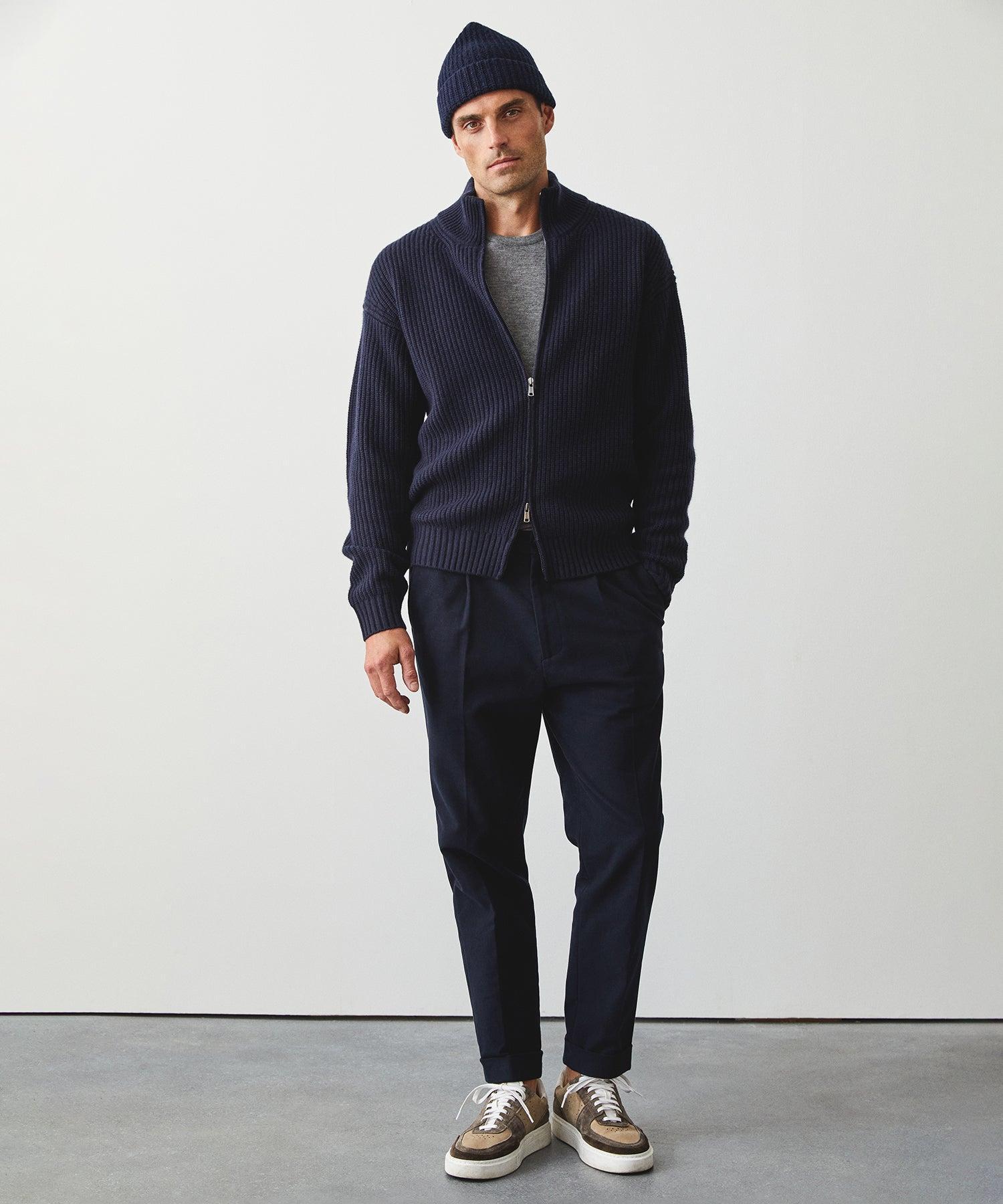Full-Zip Mock Neck Cashmere Sweater in Navy Product Image