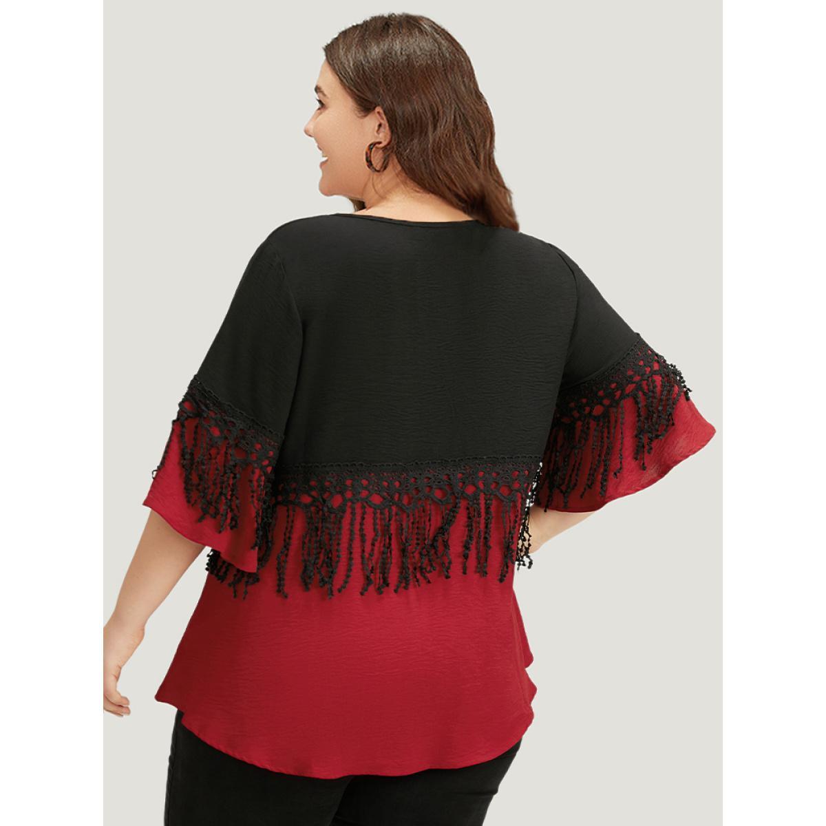 Plus Size Black Halloween Two Tone Fringe Trim Patchwork Blouse Women Elegant Short sleeve V-neck Festival-Halloween Blouses BloomChic 10/M Product Image