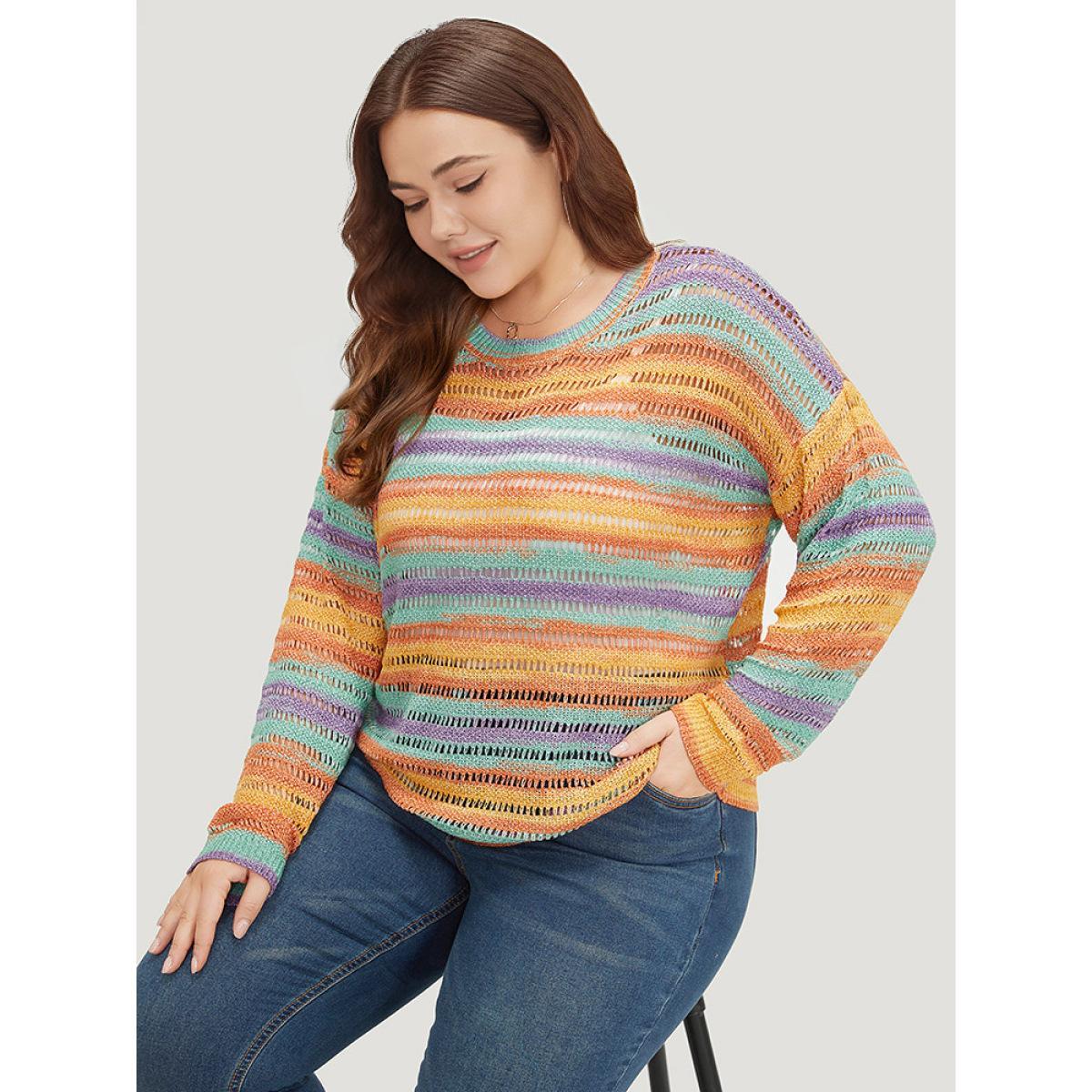 Plus Size Contrast Striped Cut Out Ombre Pullover Multicolor Women Casual Loose Long Sleeve Round Neck Everyday Pullovers BloomChic 26/4X Product Image