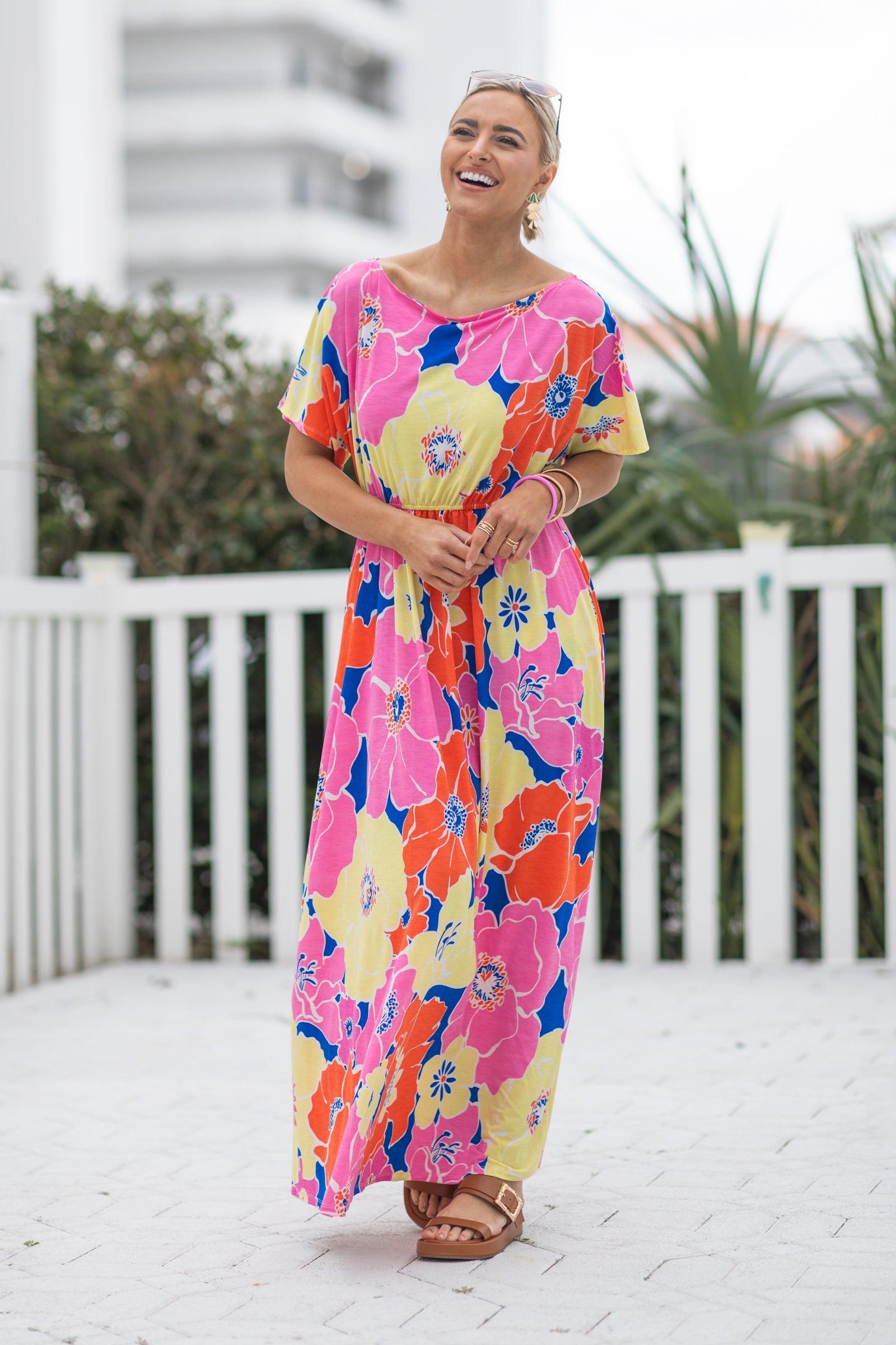 Pink Flower Print Boat Neck Maxi Dress Product Image