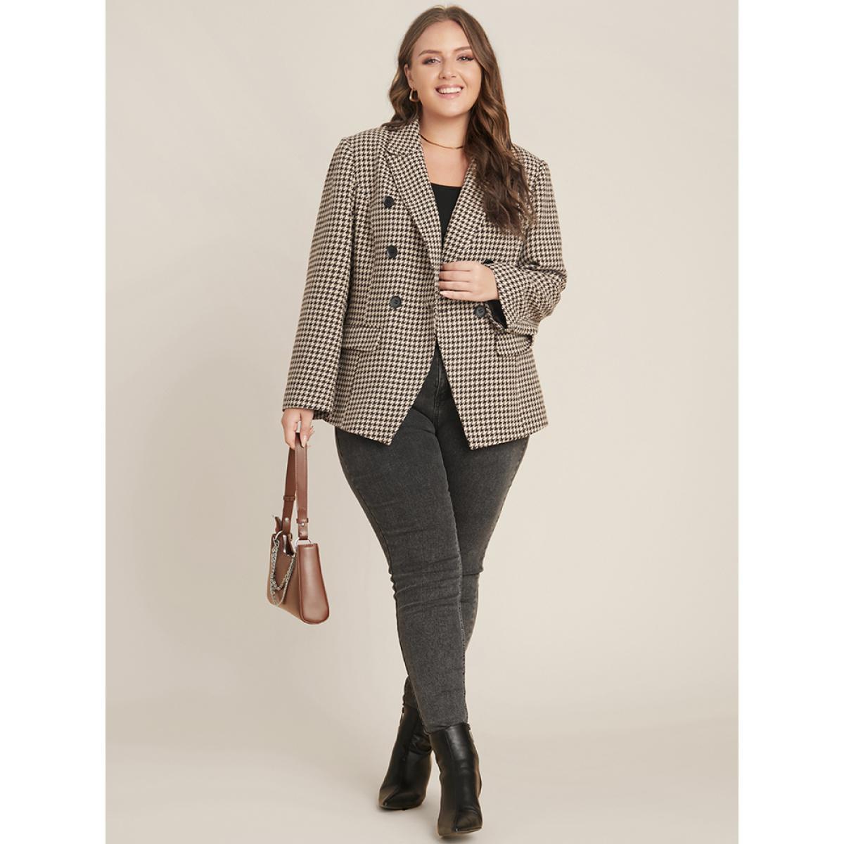 Plus Size Houndstooth Suit Collar Pocket Button Down Coat Women LightBrown Office Button Ladies Work Winter Coats BloomChic 26/4X Product Image