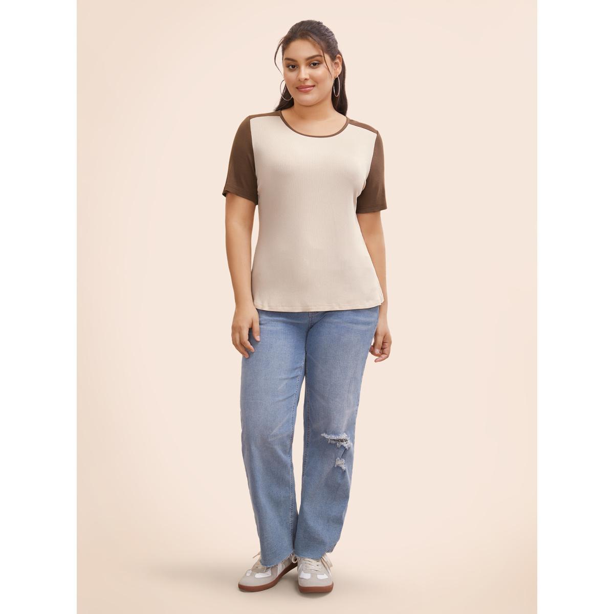 Plus Size Crew Neck Contrast Patchwork Rib Knit T-shirt Apricot Women Casual Texture Round Neck Bodycon Everyday T-shirts BloomChic 12/L Product Image