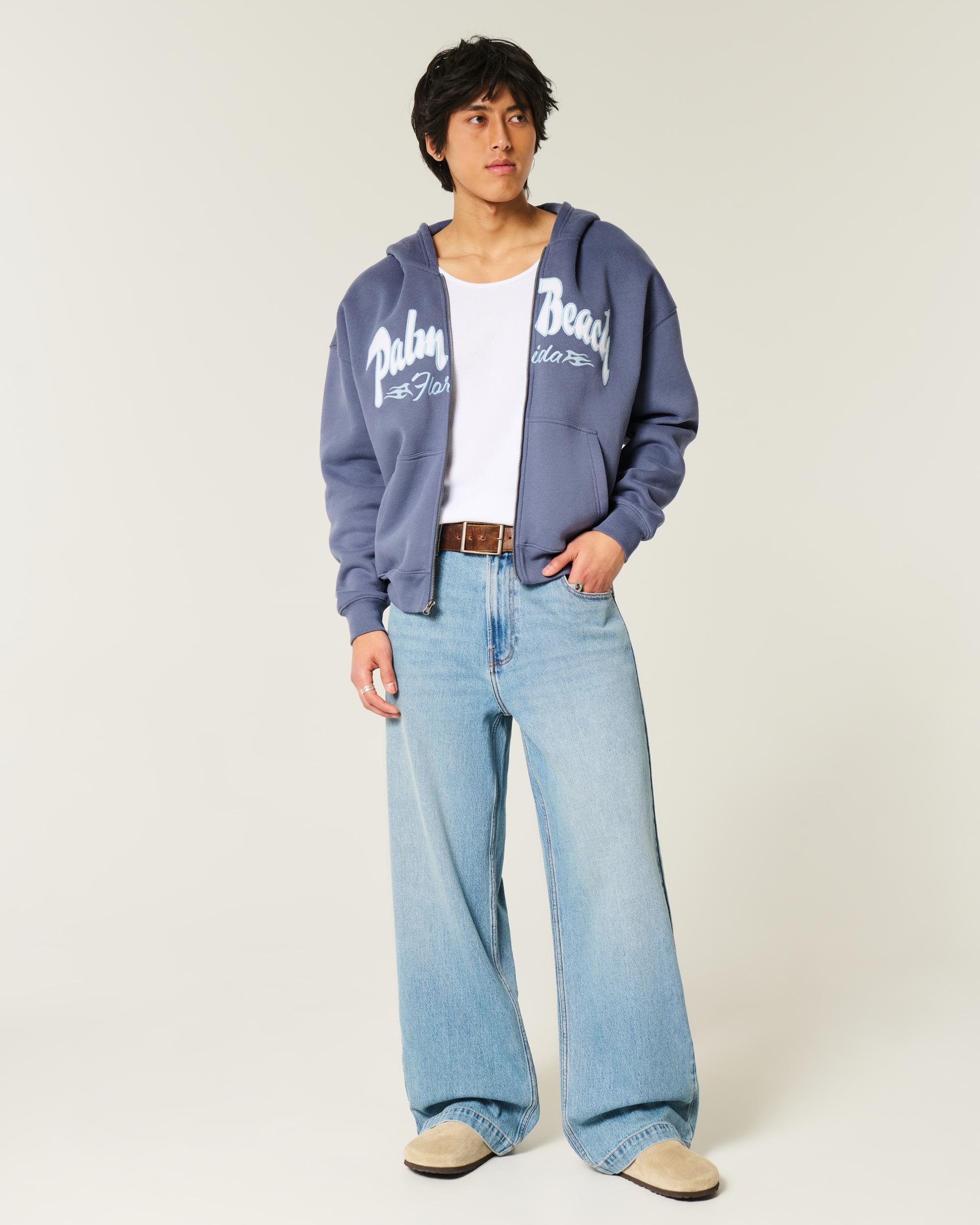 Boxy Zip-Up Palm Beach Graphic Sweatshirt Product Image