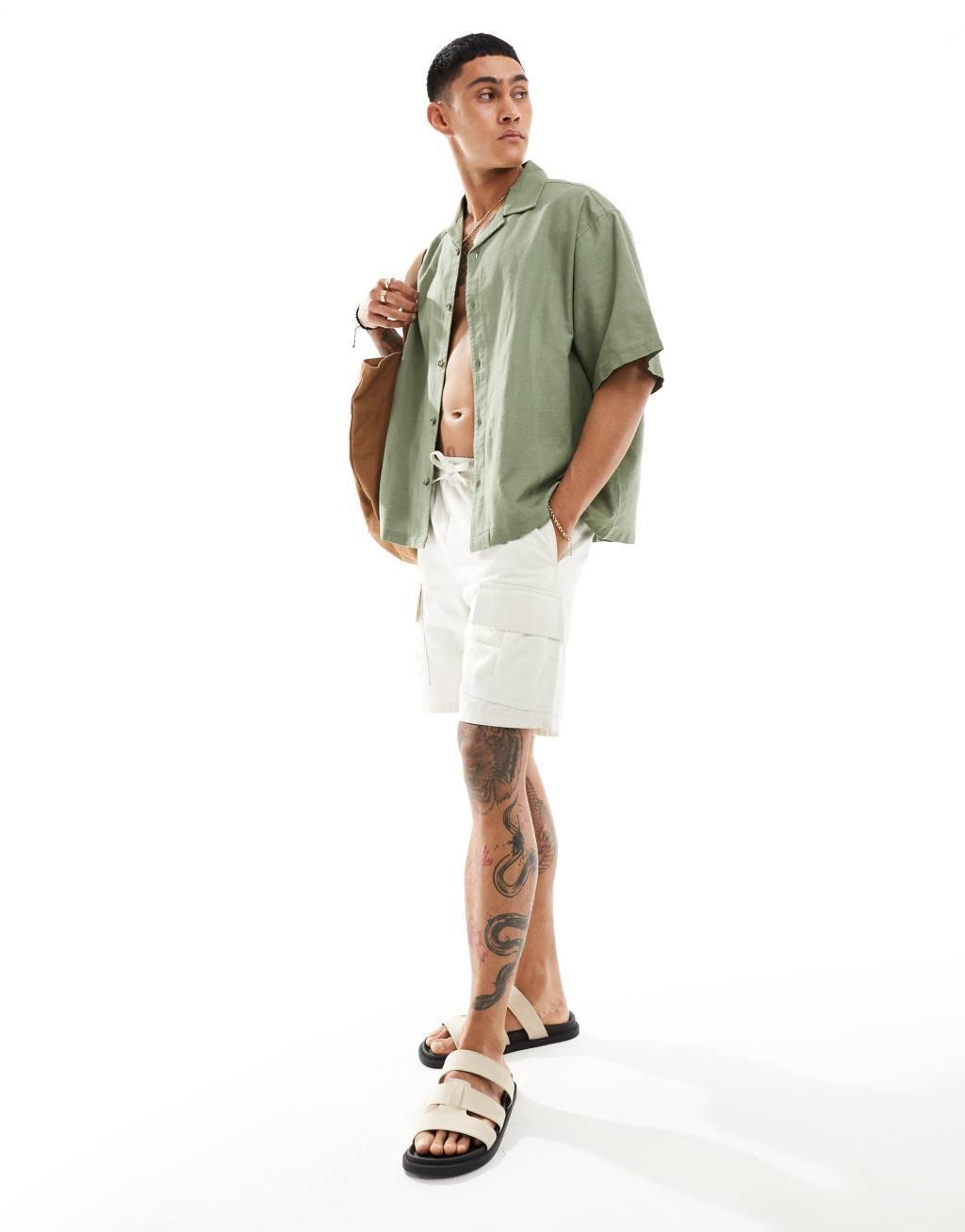 ASOS DESIGN boxy oversized linen look shirt with camp collar in green Product Image