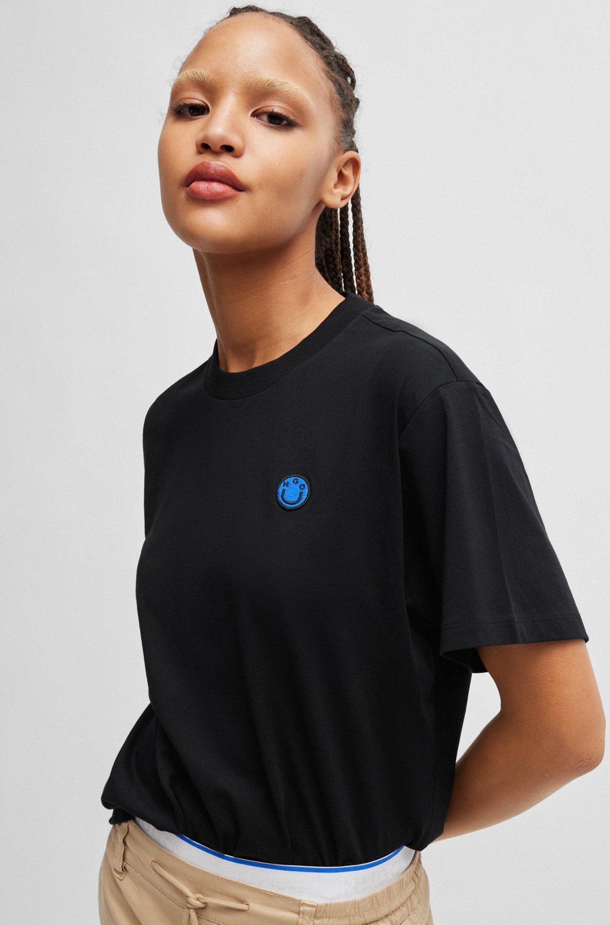 HUGO - Cotton jersey T-shirt with curved logo - Black Product Image