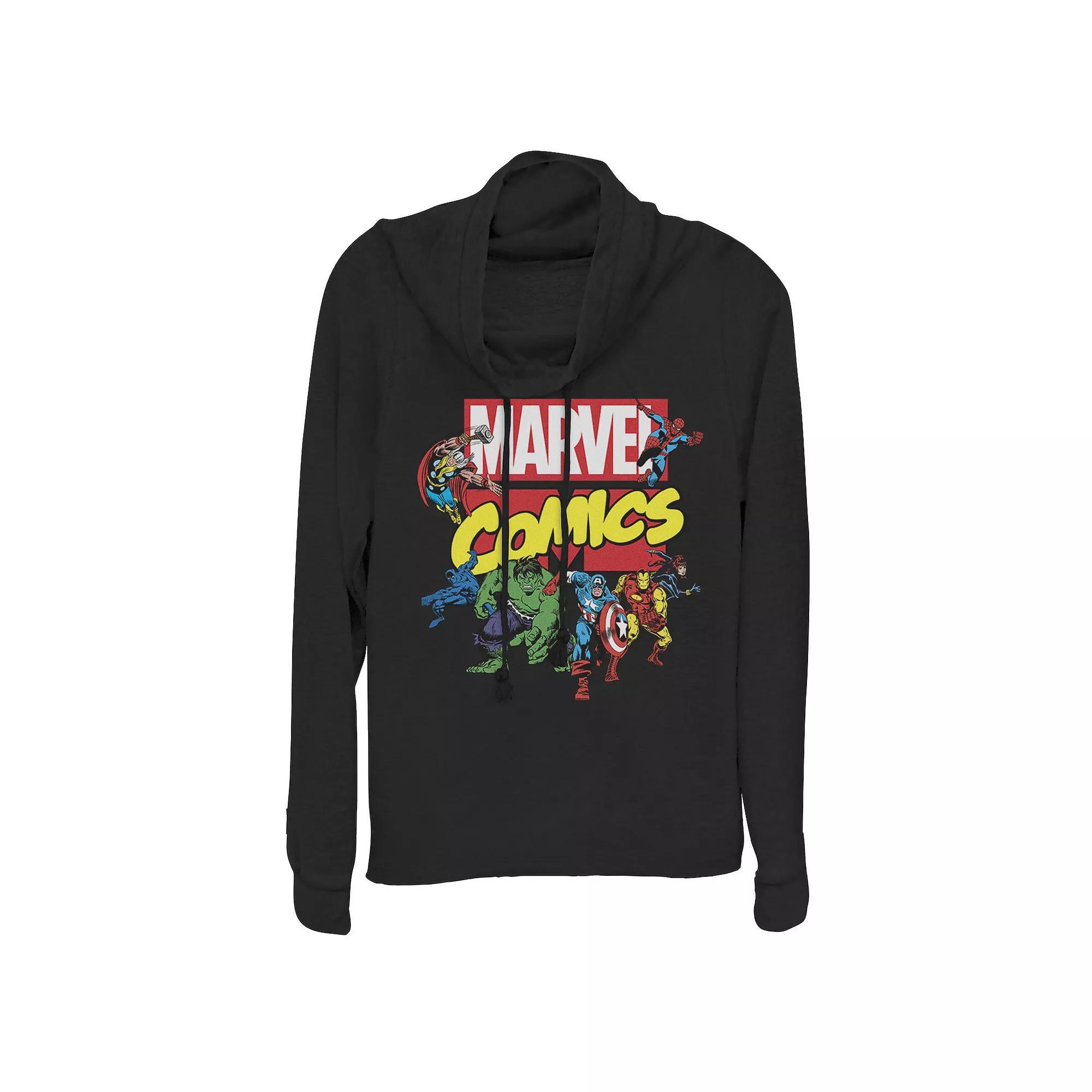 Juniors' Marvel D23 Exclusive Avengers Retro Comic Group Shot Logo Cowlneck Graphic Lightweight Long Sleeve, Girl's, Size: XL, Black Product Image