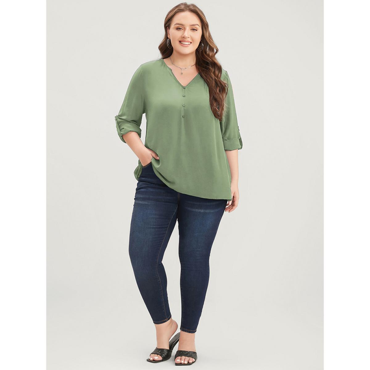 Plus Size Mint Plain V Neck Button Detail Cuffed Sleeve Blouse Women Office Elbow-length sleeve V-neck Work Blouses BloomChic 28/5X Product Image