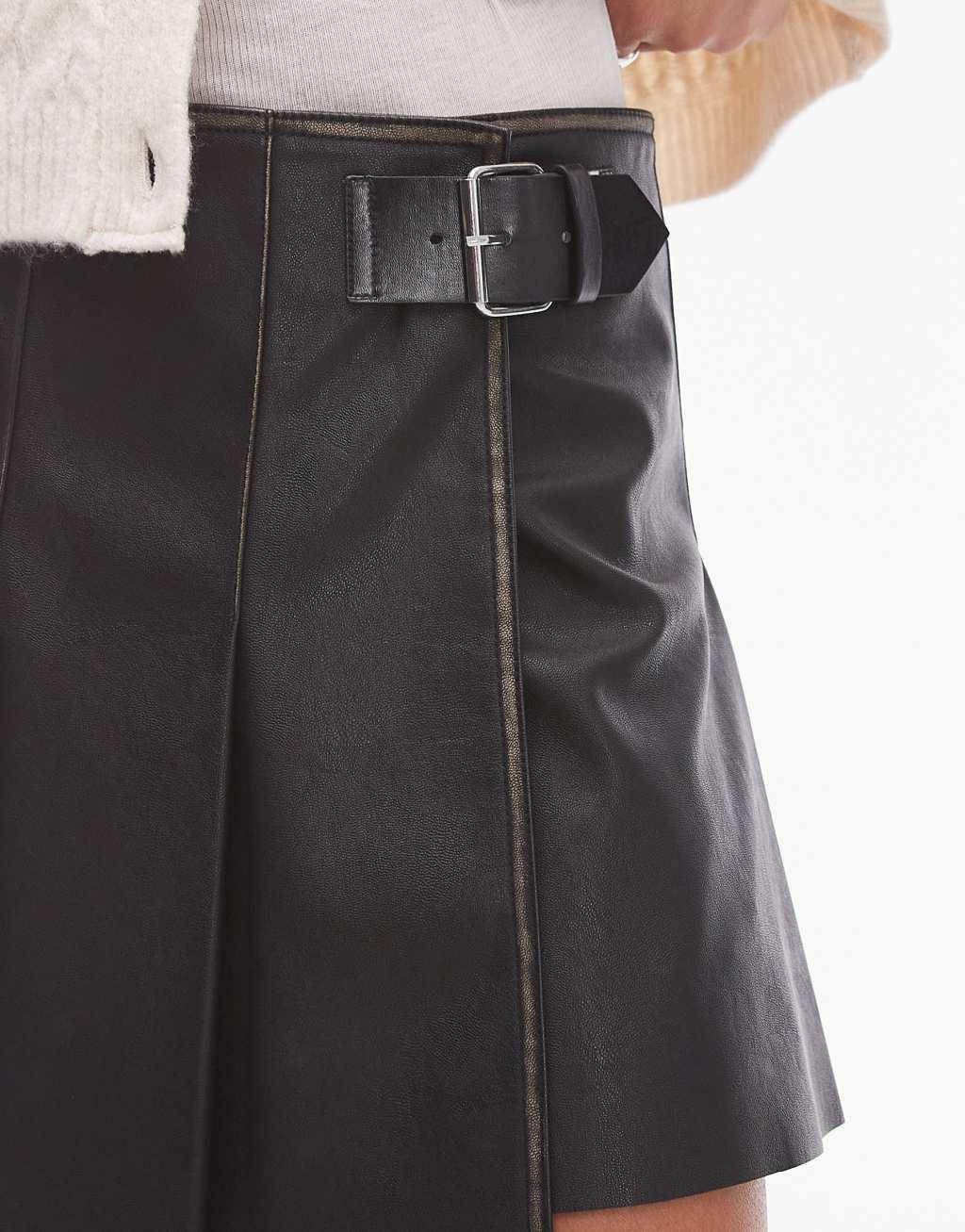 Topshop faux leather pleated low rise mini skirt in washed brown Product Image