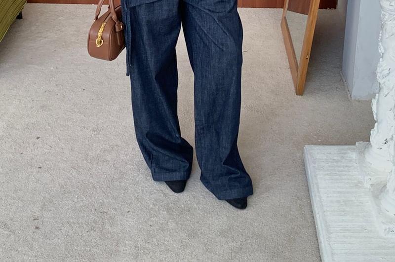 Set: Long-Sleeve Plain Shirt + High Rise Loose Fit Jeans Product Image