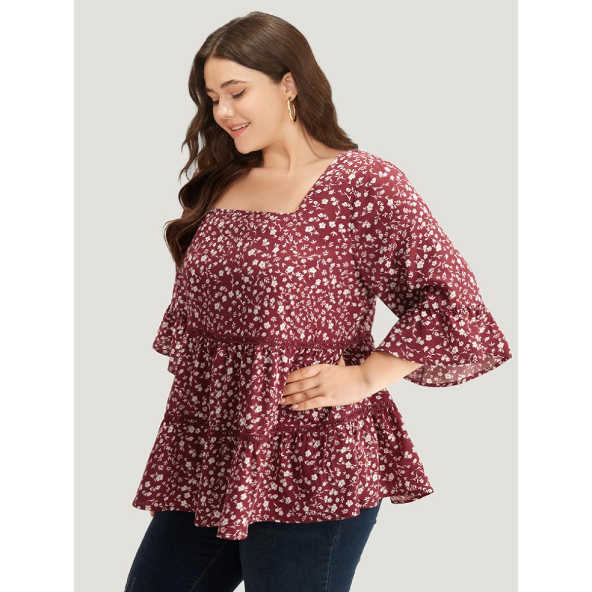 Plus Size Burgundy Silhouette Floral Print Lace Patchwork Square Neck Flutters Blouse Women Elegant Elbow-length sleeve Square Neck Dailywear Blouses BloomChic 10/M Product Image
