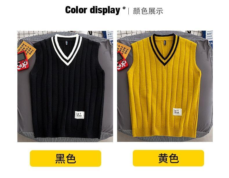 V-Neck Applique Striped Trim Sweater Vest Product Image