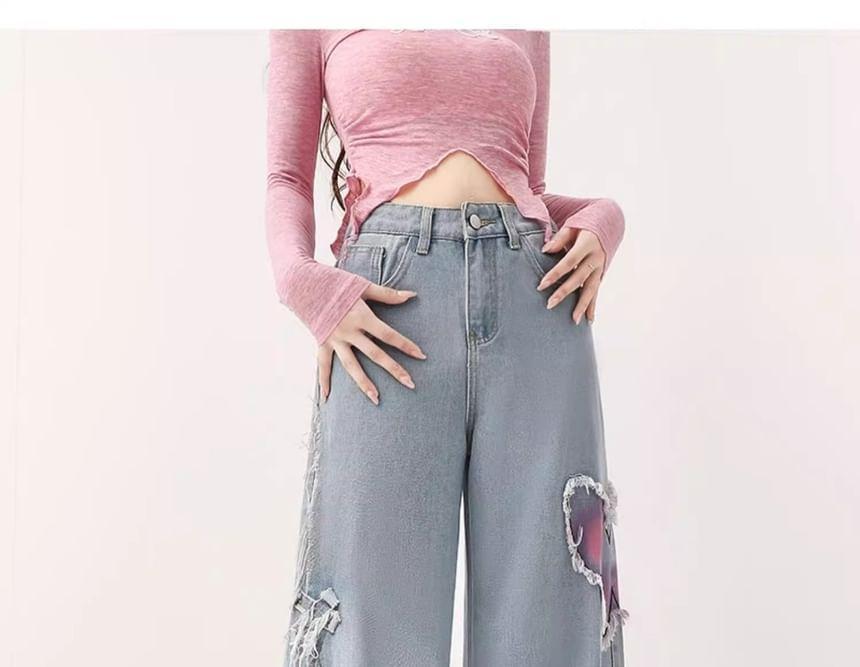 High Waist Washed Butterfly Wide Leg Jeans Product Image
