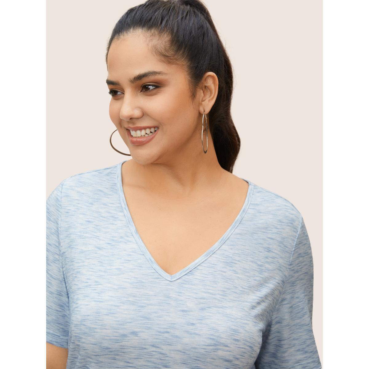 Plus Size Solid Heather V Neck T-shirt LightBlue Women Casual V-neck Everyday T-shirts BloomChic 26/4X Product Image