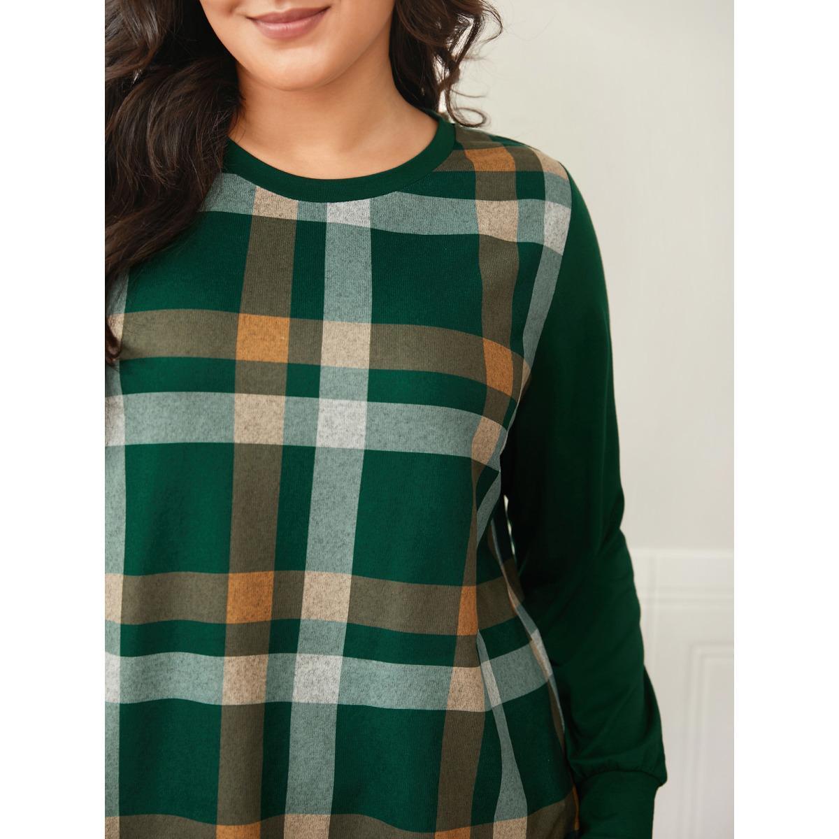 Plus Size Plaid Patchwork Solid Long-Sleeves Tee DarkGreen Women Casual Contrast Round Neck Everyday T-shirts BloomChic 30/6X Product Image