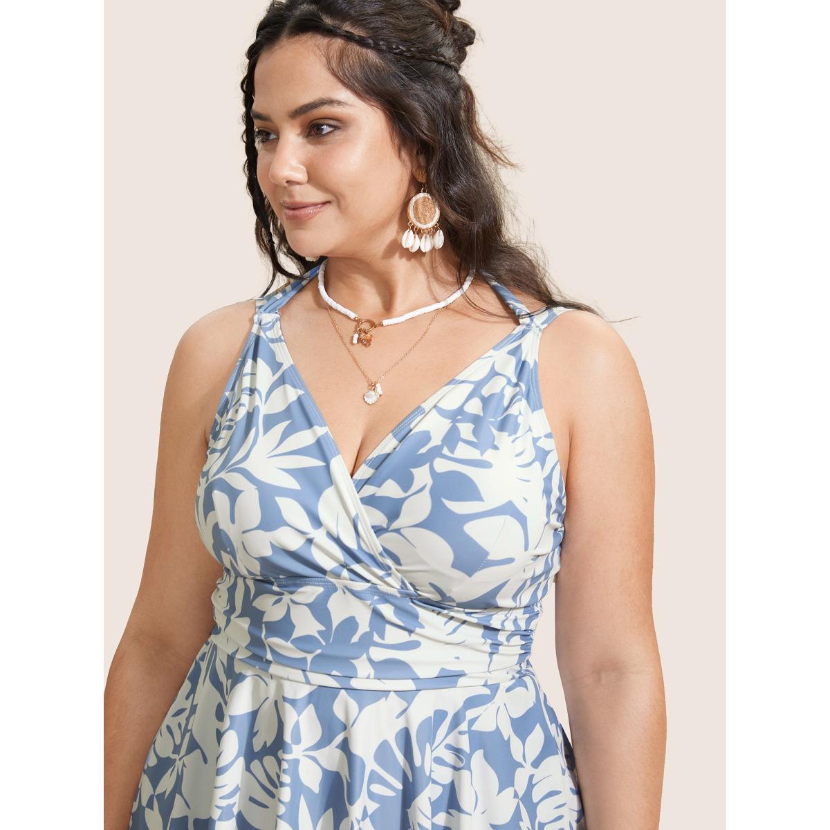 Plus Size Overlap Collar Silhouette Floral Print Swim Dress Women's Swimwear LightBlue Beach Bodycon Overlap Collar High stretch Curve Swim Dresses BloomChic 30/6X Product Image