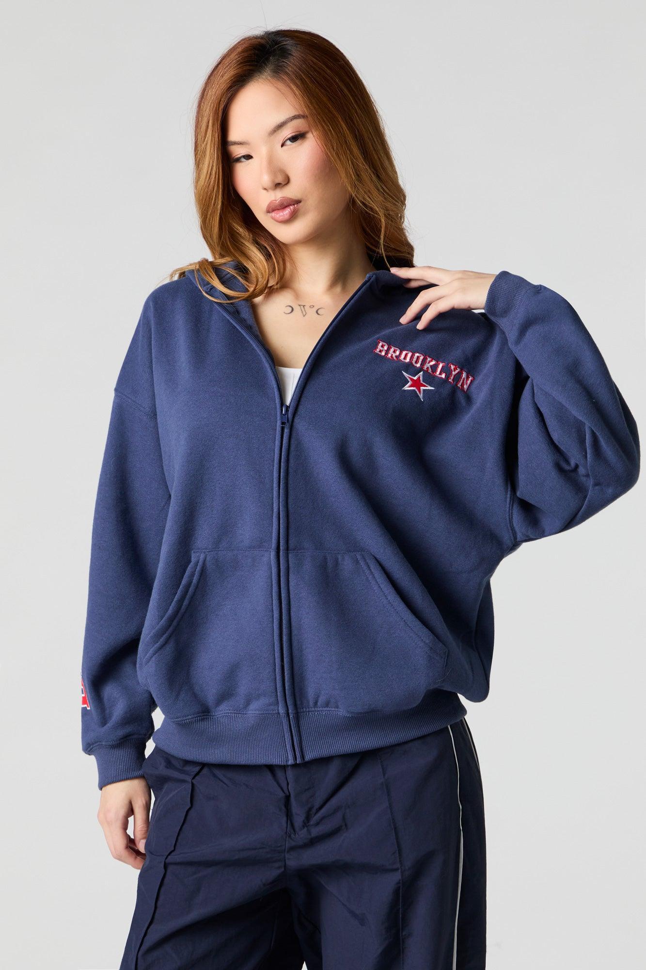 Oversized Printed Zip-Up Fleece Hoodie Female Product Image
