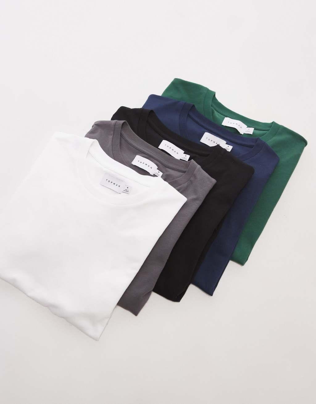 Topman 5 pack regular t-shirt in black, white, navy, charcoal and green Product Image