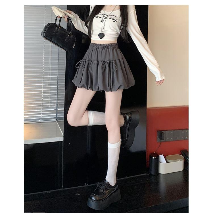 Elastic Waist Plain Bow Panel Mini A-Line Balloon Skirt Product Image