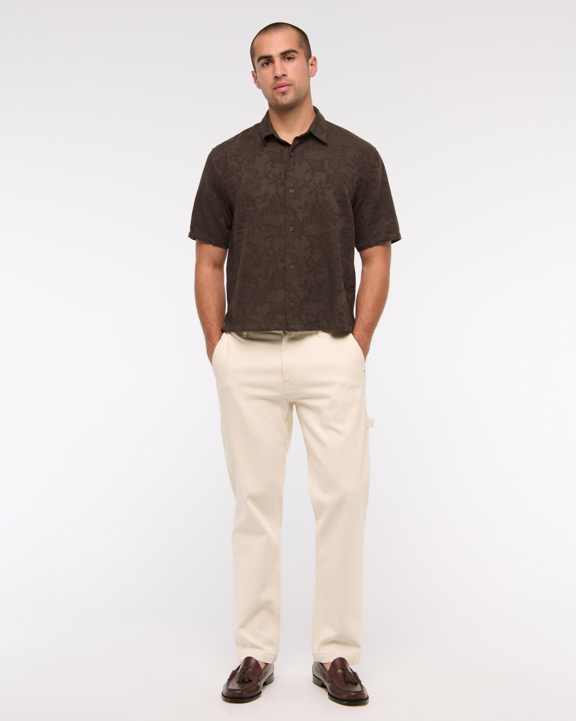 Short-Sleeve Cropped Jacquard Button-Up Shirt Product Image