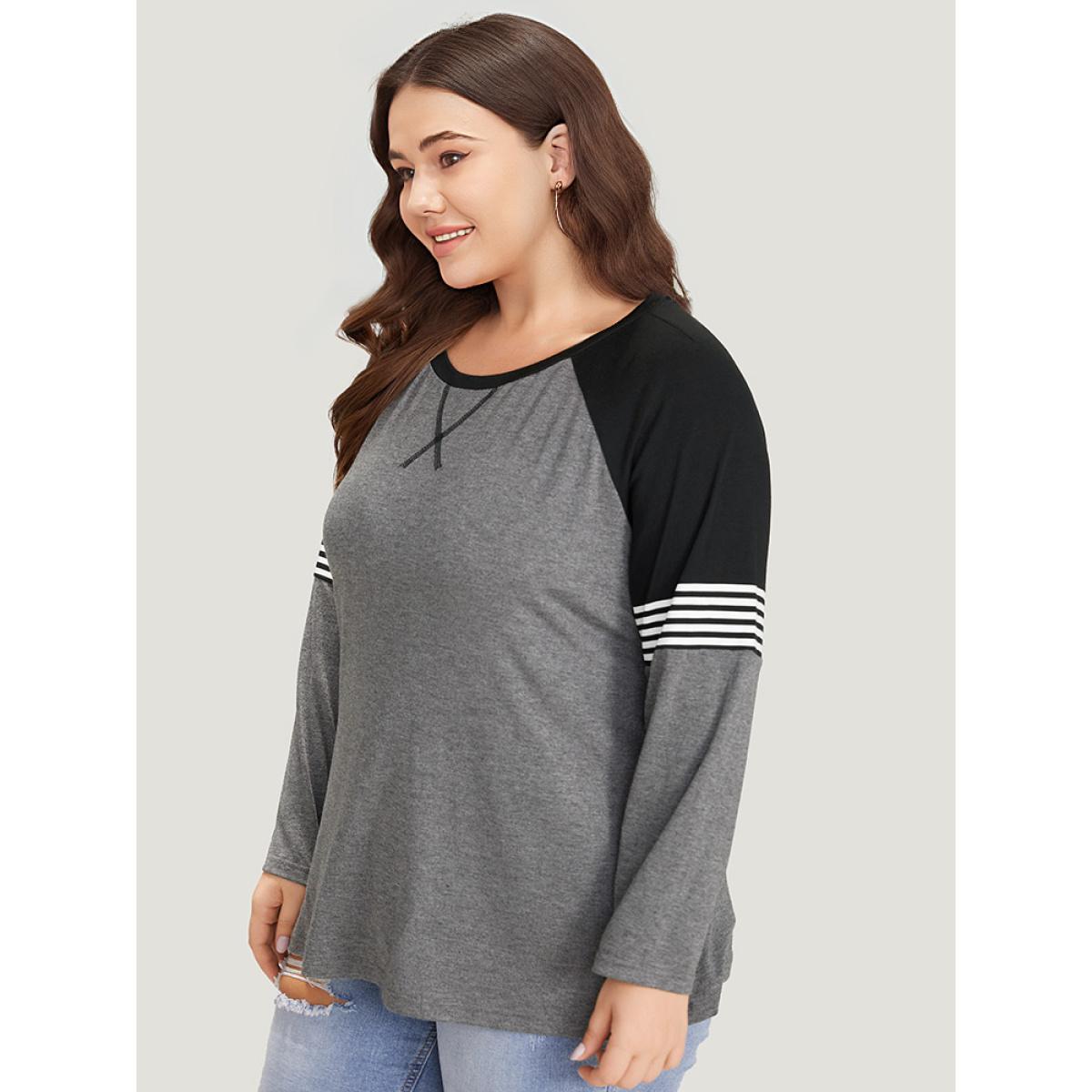 Plus Size Striped Contrast Raglan Sleeve T-shirt Gray Women Casual Striped Round Neck Everyday T-shirts BloomChic 14-16/1X Product Image