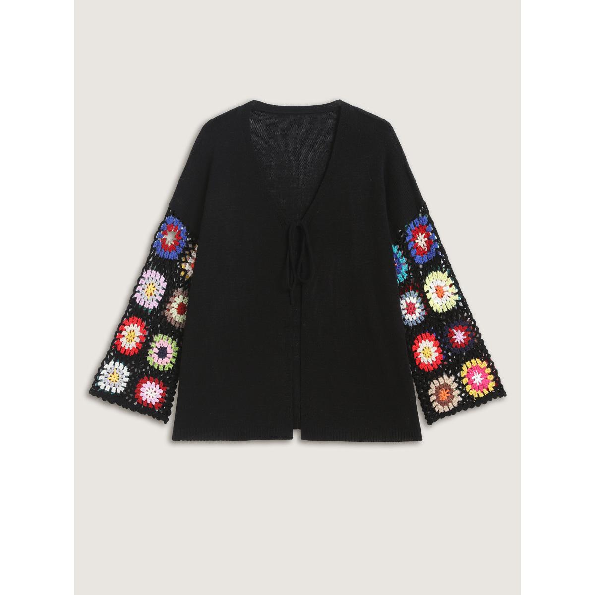 Plus Size Crochet Floral Tie Cut-Out Cardigan Black Women Loose Long Sleeve Everyday-Casual Cardigans BloomChic 12/L Product Image