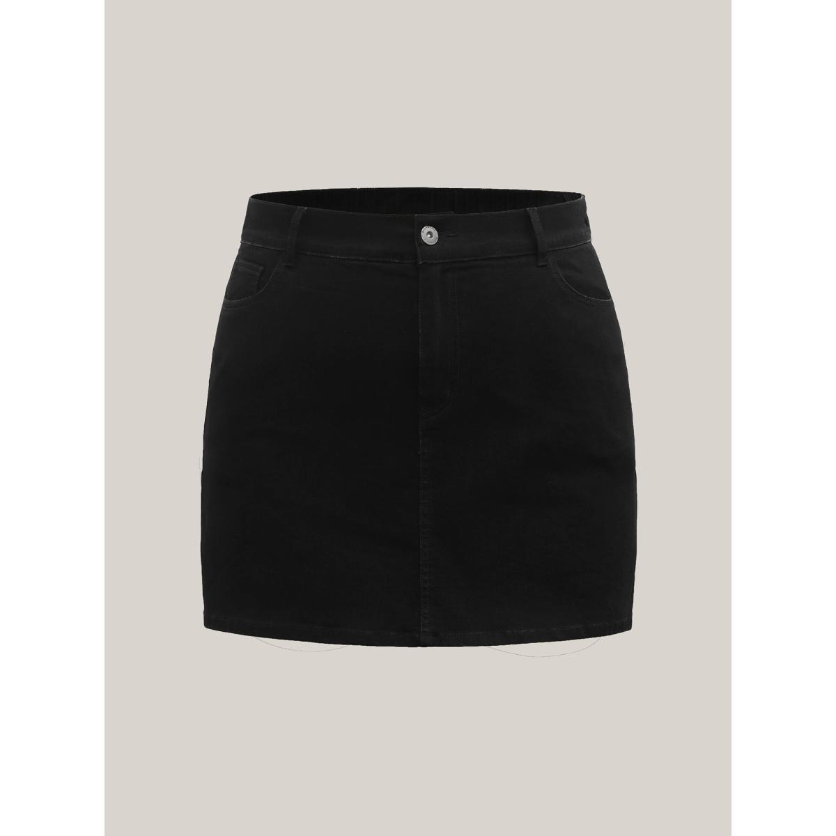 Plus Size Plain Slit Fitted Denim Skorts Women Denimblack Low stretch Everyday-Casual Slanted pocket Denim Shorts BloomChic 20/2X Product Image