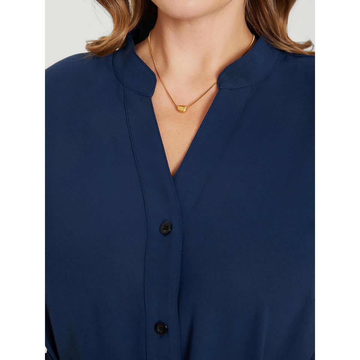 Plus Size Solid Cuffed Sleeve Button Up Belted Laser Cut Arc Hem Dress DarkBlue Women Office Belted Notched collar Short sleeve Curvy Knee Dress BloomChic 18-20/2X Product Image