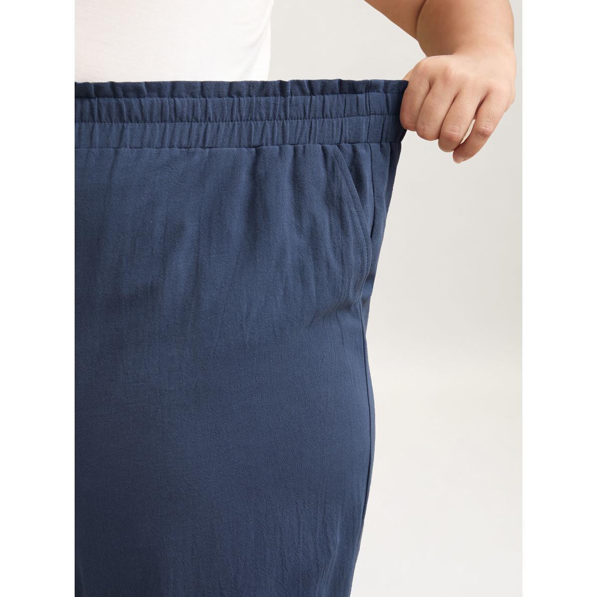 Plus Size Buckle Buttons Straight-Leg Pull On Pants Women Indigo Resort Straight Leg Mid Rise Vacation Pants BloomChic 12/L Product Image