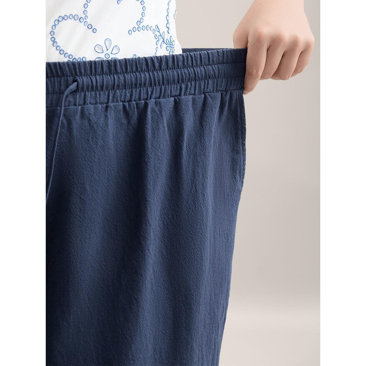 Plus Size Lace Cut-Out Straight-Leg Plain Pants Women Indigo Resort Straight Leg Mid Rise Vacation Pants BloomChic 26/4X Product Image