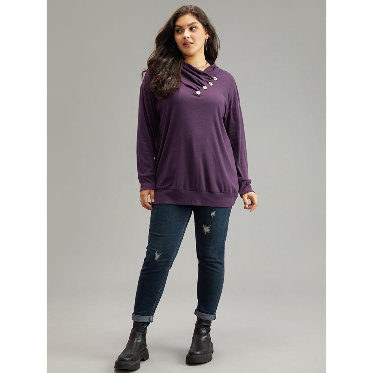 Plus Size Plain Cowl Neck Button Detail Sweatshirt Women Eggplant Casual Plain Overlap Collar Dailywear Sweatshirts BloomChic 28/5X Product Image